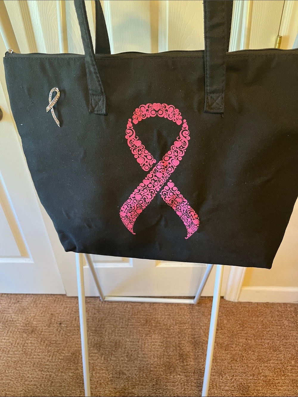 Black Tote with Pink Ribbon Accent - Stylish Awareness Canvas Bag